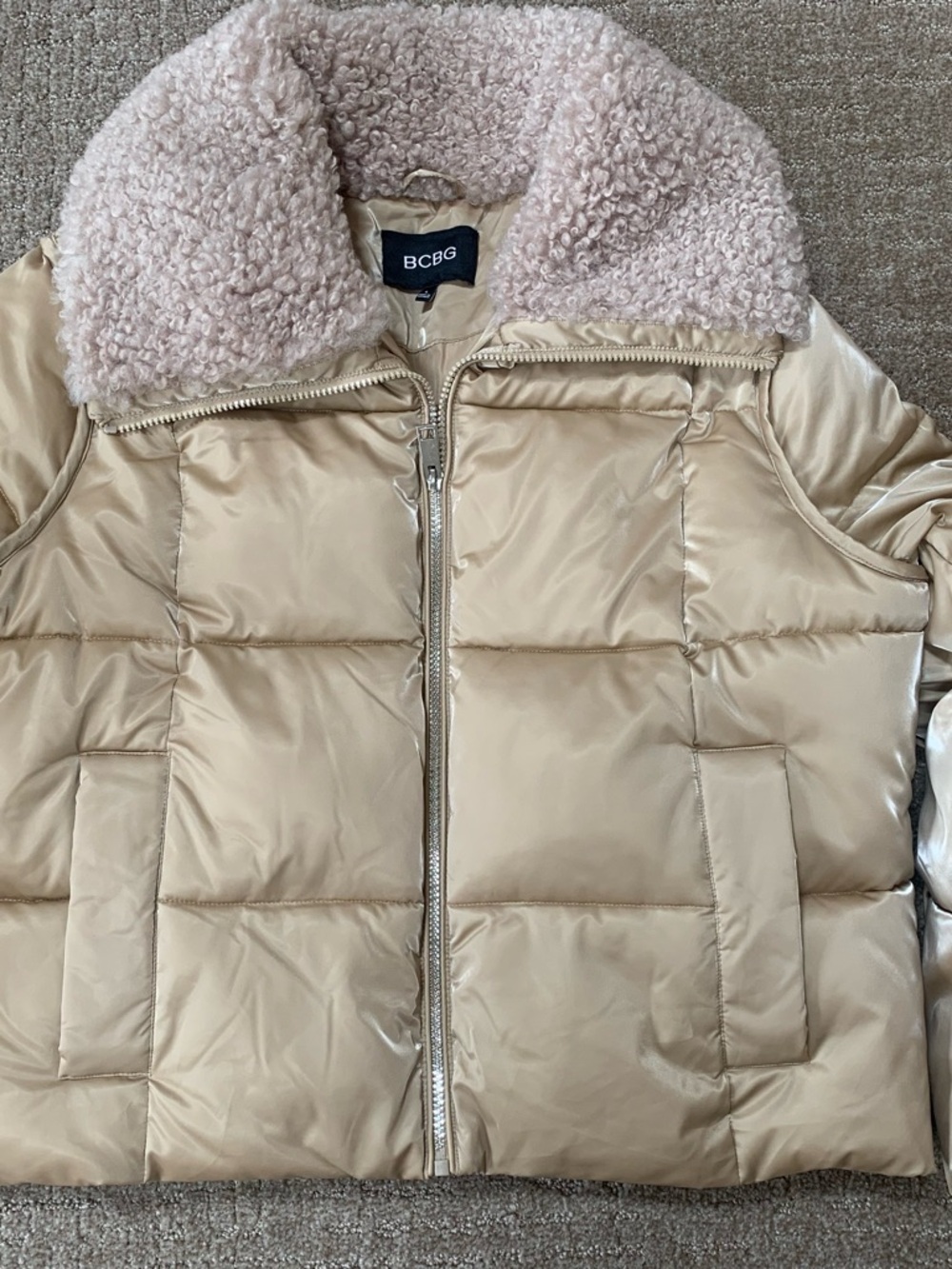 BCBG Cream Quilted Jacket with Blush Shearling Trim